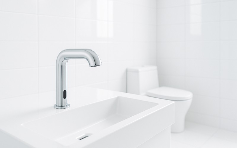 Row of sensor faucets serving multi-station lavatory in airport restroom